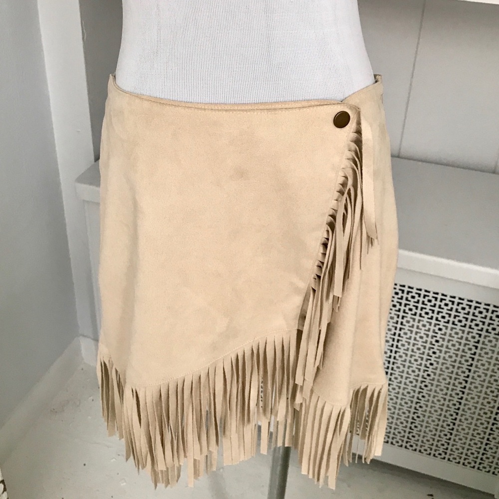 Vegan Suede Fringe Faux Wrap Skirt